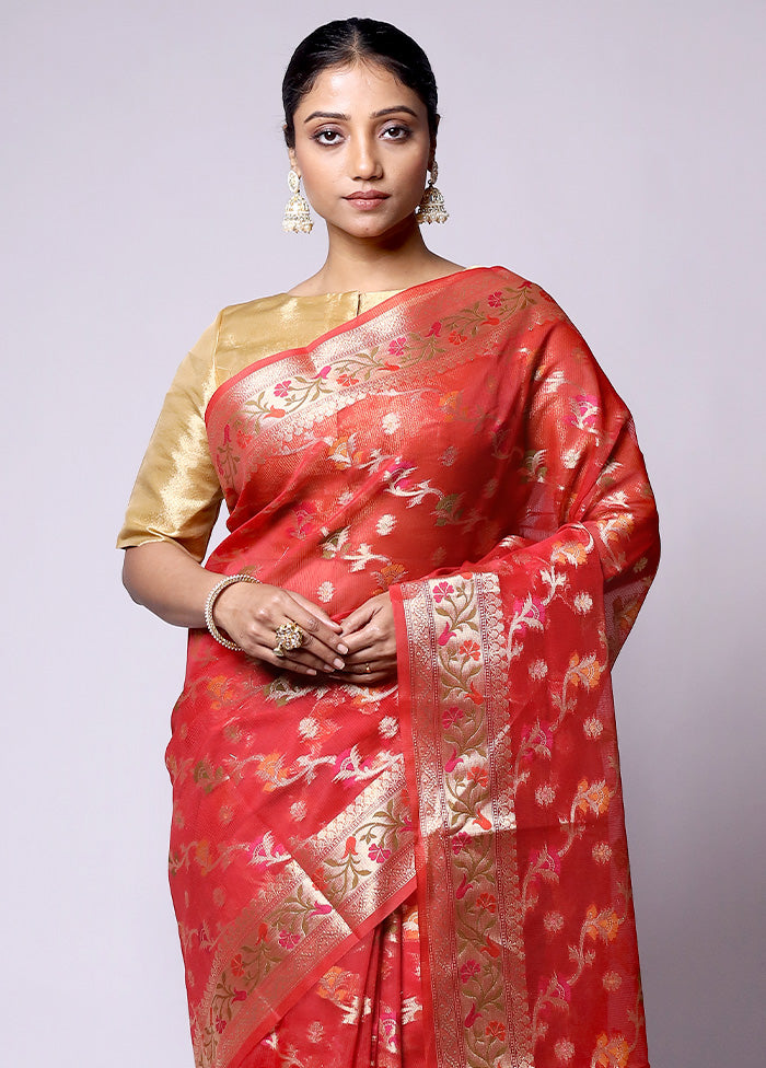 Red Kora Silk Saree With Blouse Piece Cheap Sale Store