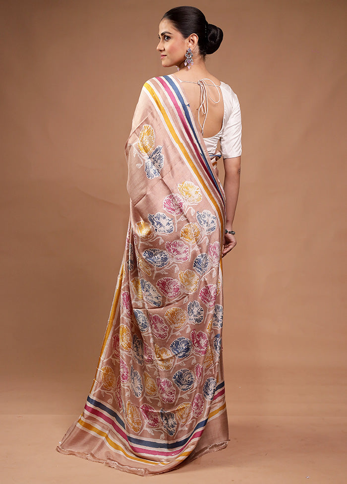 Cream Printed Pure Silk Saree Without Blouse Piece Great Deals Cheap Pice