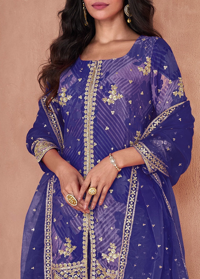 3 Pc Blue Semi Stitched Georgette Suit Set Outlet 100% Original