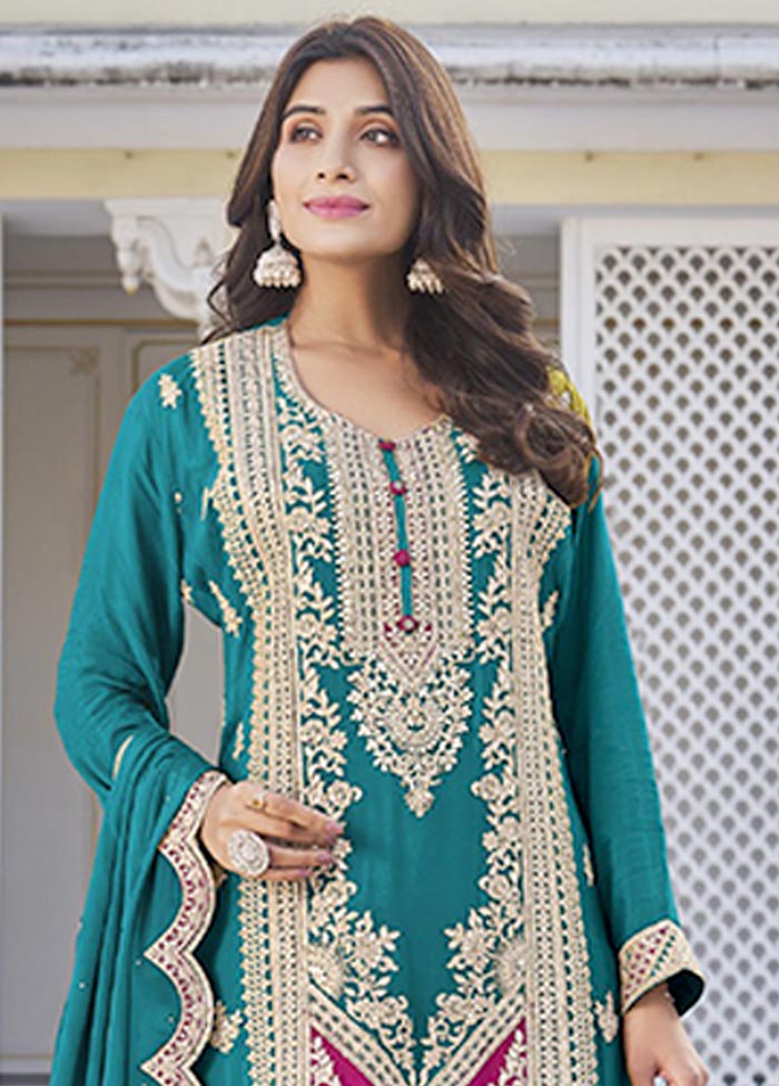 3 Pc Blue Semi Stitched Silk Suit Set Outlet Discount Sale