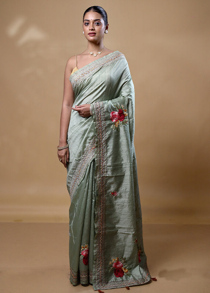 Green Dupion Silk Saree With Blouse Piece Shop For Cheap Online