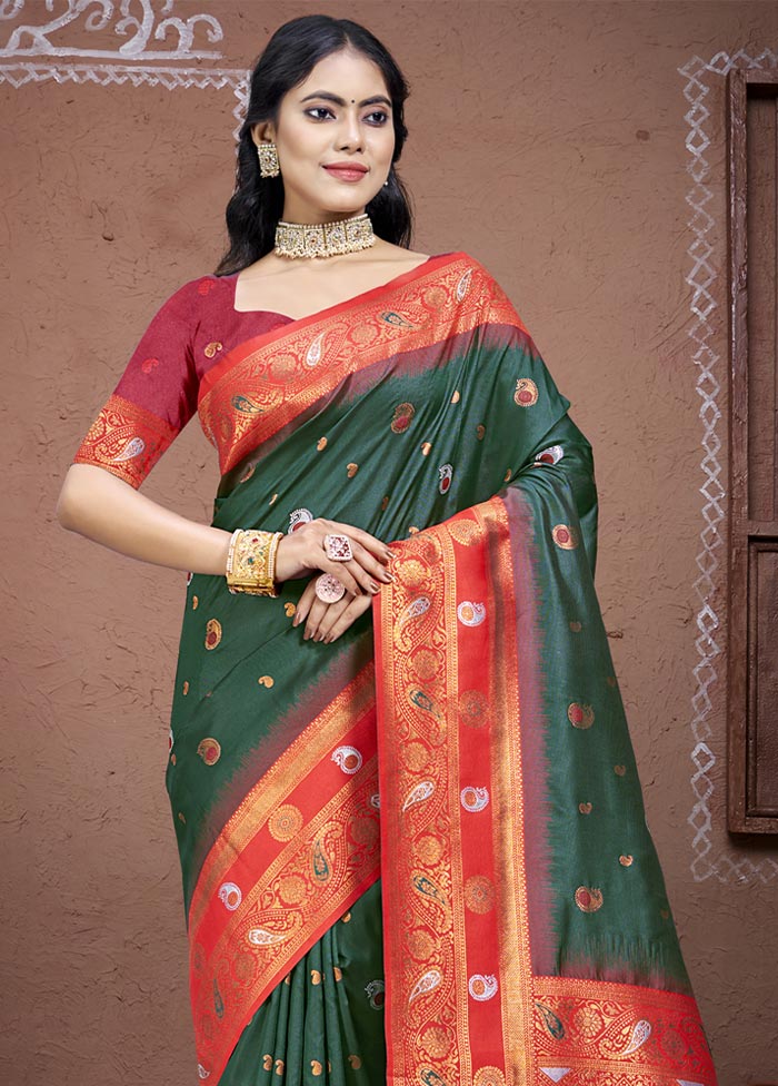 Bottle Green Dupion Silk Saree With Blouse Piece Cheap Sale Best Pices