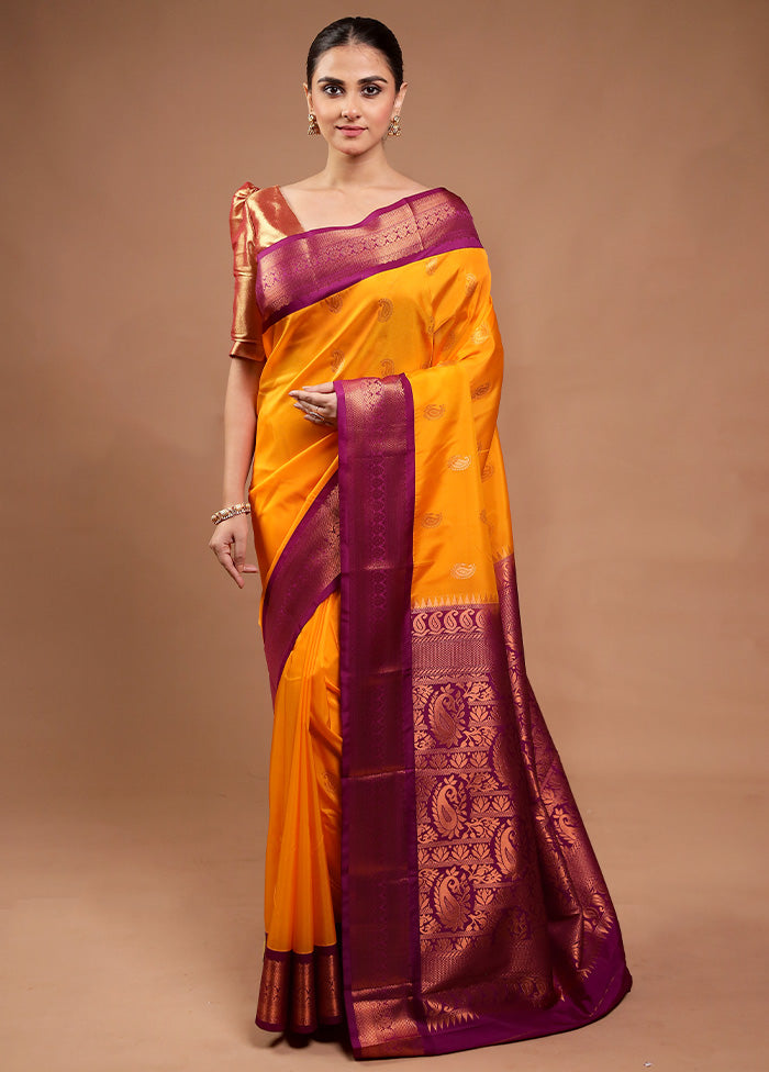 Yellow Kanjivaram Silk Saree With Blouse Piece Clearance Online