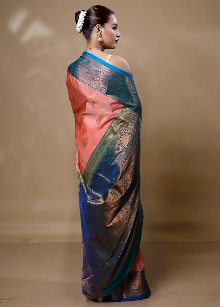 Peach Kanjivaram Silk Saree With Blouse Piece Free Shipping 2025