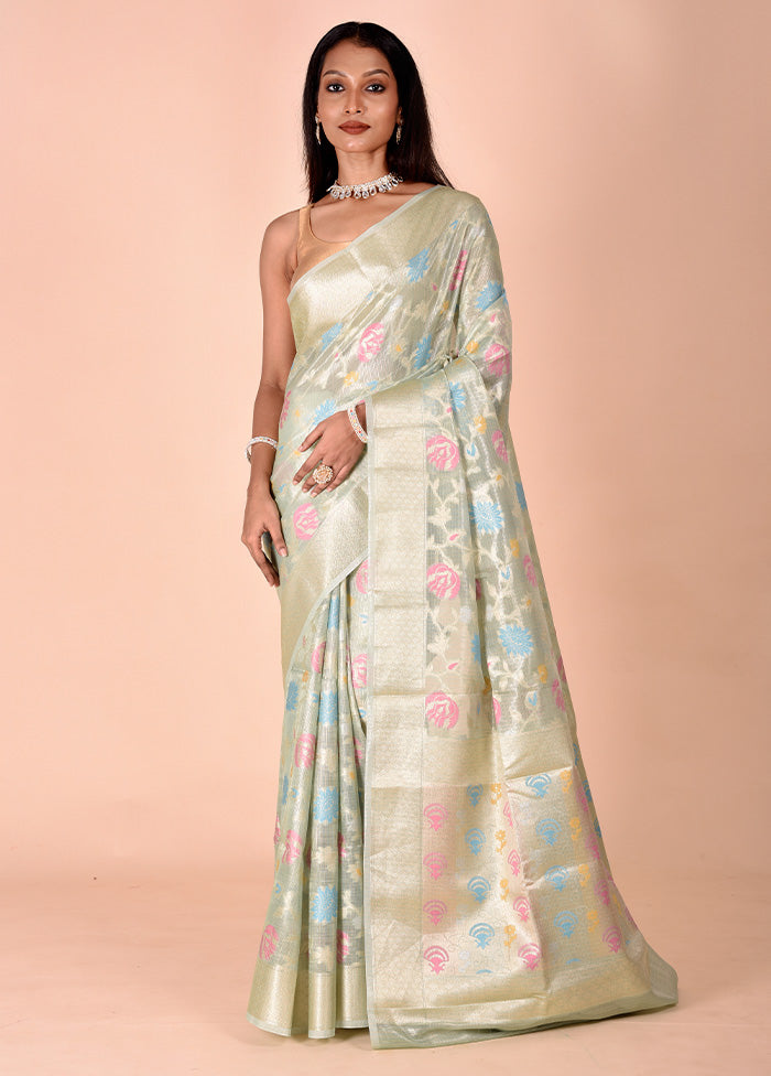 Green Tissue Silk Saree With Blouse Piece Sale Pre Order