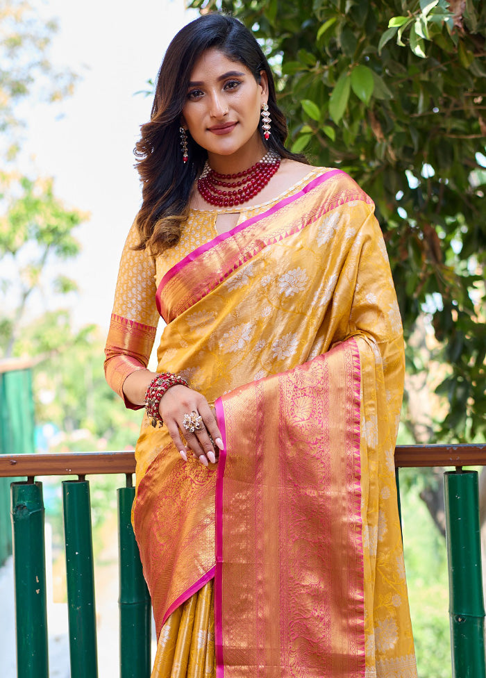 Yellow Banarasi Silk Saree With Blouse Piece Low Pice Fee Shipping Online