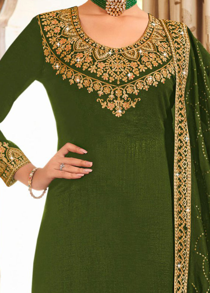 3 Pc Mehendi Green Pure Semi Stitched Silk Suit Set Inexpensive