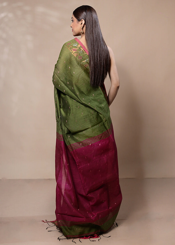 Green Khadi Cotton Saree With Blouse Piece Clearance Original