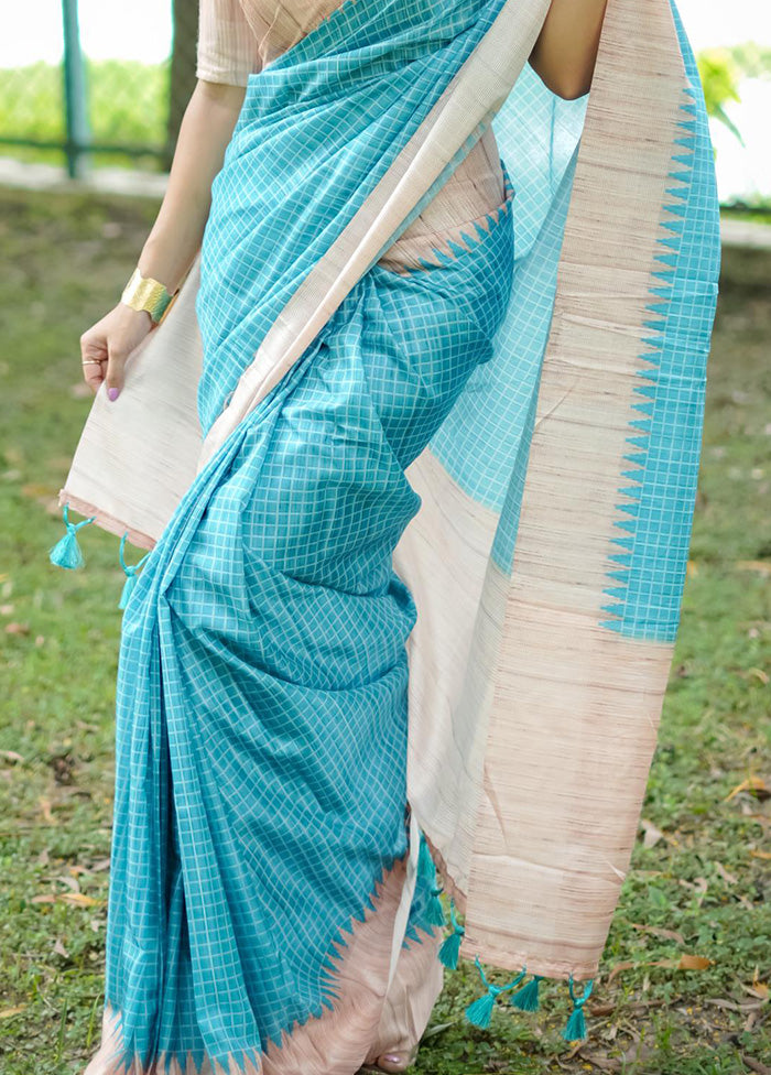 Sky Blue Tussar Silk Saree With Blouse Piece Outlet Choice