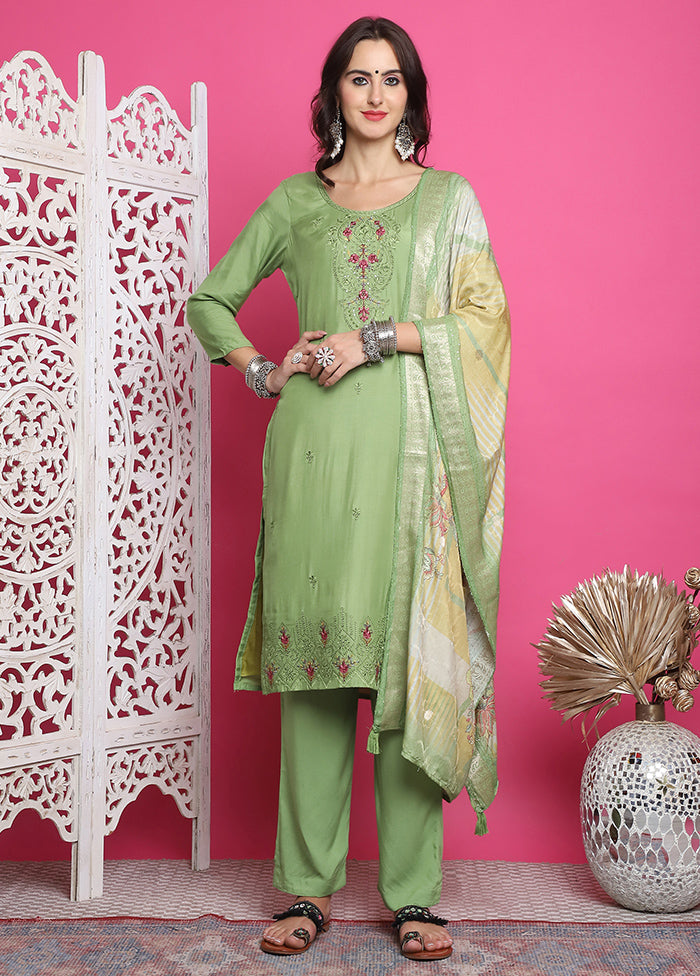 3 Pc Green Unstitched Silk Suit Set Original For Sale