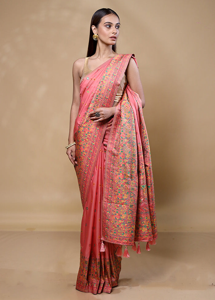 Peach Dupion Silk Saree With Blouse Piece Outlet Amazing Pice