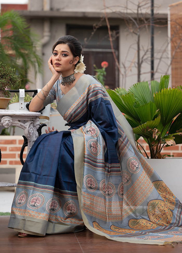 Navy Blue Tussar Silk Saree With Blouse Piece 100% Authentic