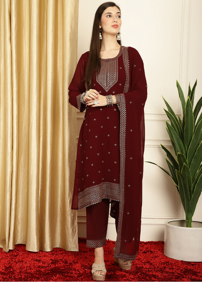 3 Pc Maroon Unstitched Georgette Suit Set Top Quality Cheap Pice