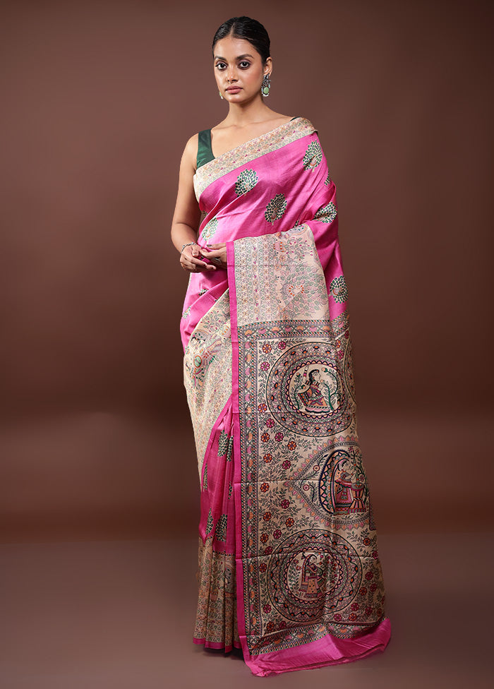 Pink Printed Pure Silk Saree Without Blouse Piece Quality Original