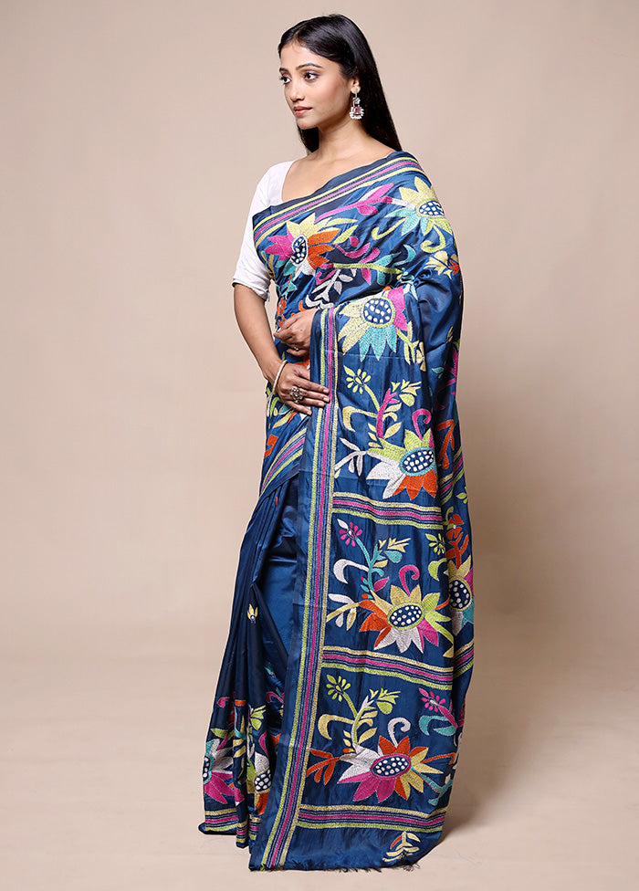 Blue Kantha Stitch Silk Saree With Blouse Piece Free Shipping View