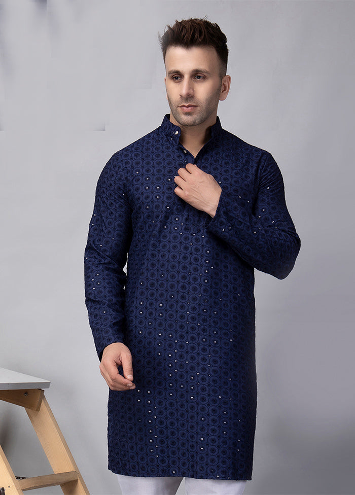 Navy Blue Viscose Embroidered Knee Length Kurta Affordable Online