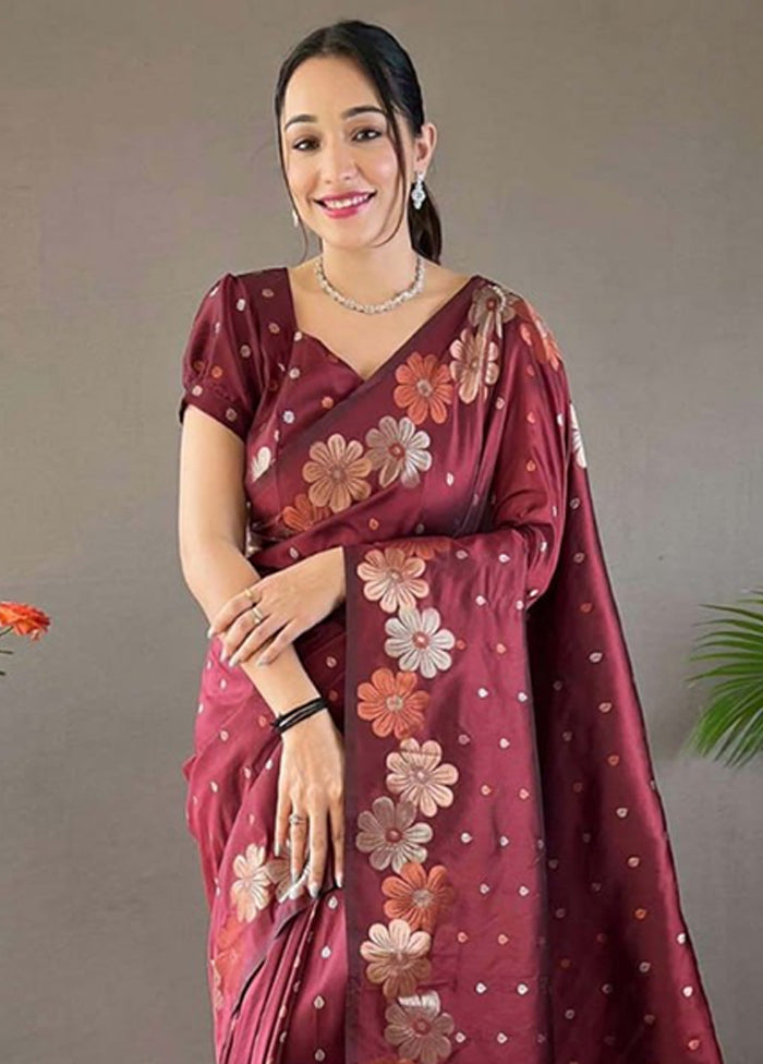 Maroon Banarasi Silk Saree With Blouse Piece Discount Countdown Package