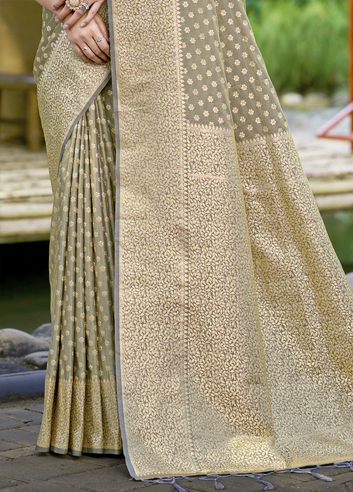 Grey Spun Silk Saree With Blouse Piece With Paypal Online