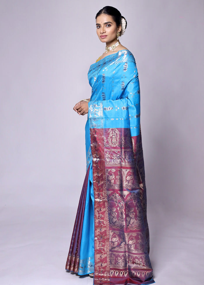 Blue Handloom Baluchari Pure Silk Saree With Blouse Piece Outlet Huge Surprise