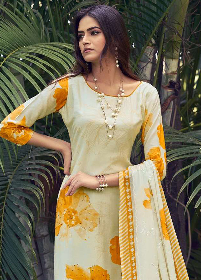 3 Pc Cream Semi Stitched Silk Dupatta Suit Set Cheap Pice Discount Authentic