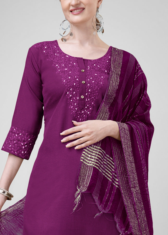 3 Pc Purple Readymade Cotton Suit Set Online For Sale