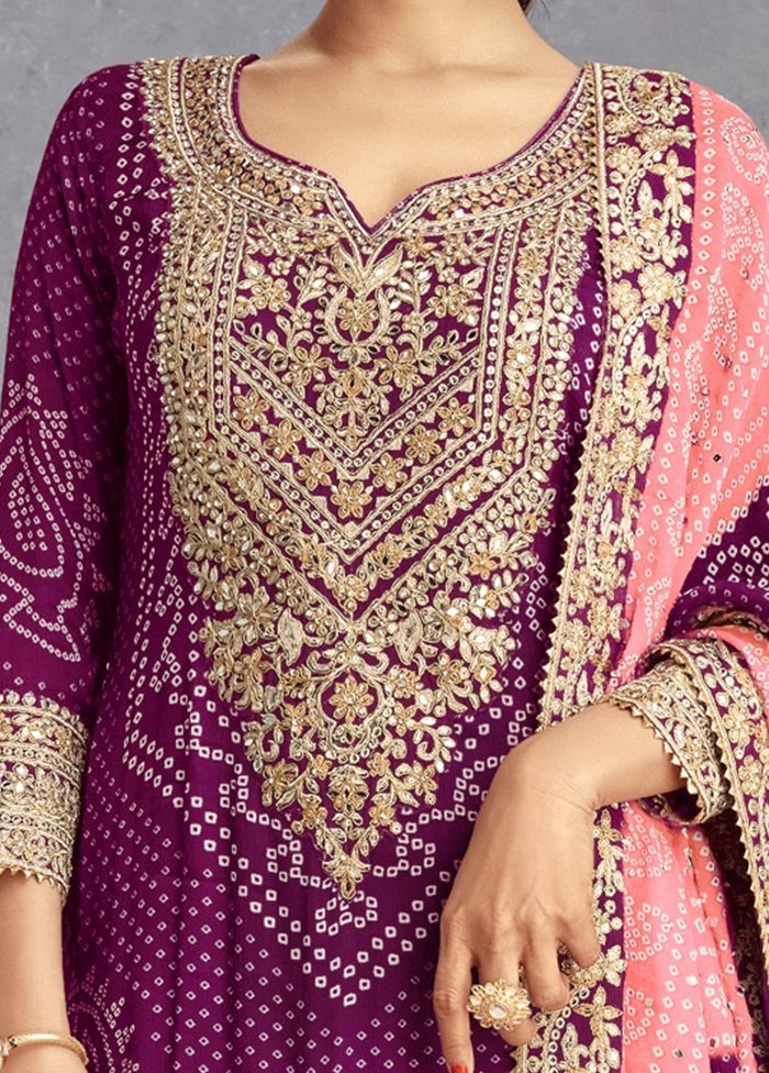 3 Pc Purple Semi Stitched Silk Suit Set Discount High Quality