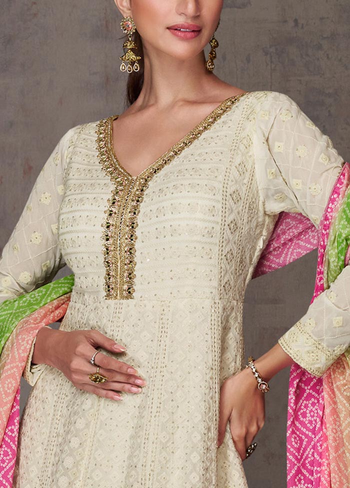 3 Pc Cream Semi Stitched Georgette Suit Set Outlet Sast