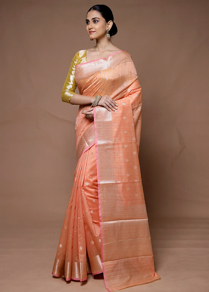 Peach Kora Silk Saree With Blouse Piece Cheap Fake