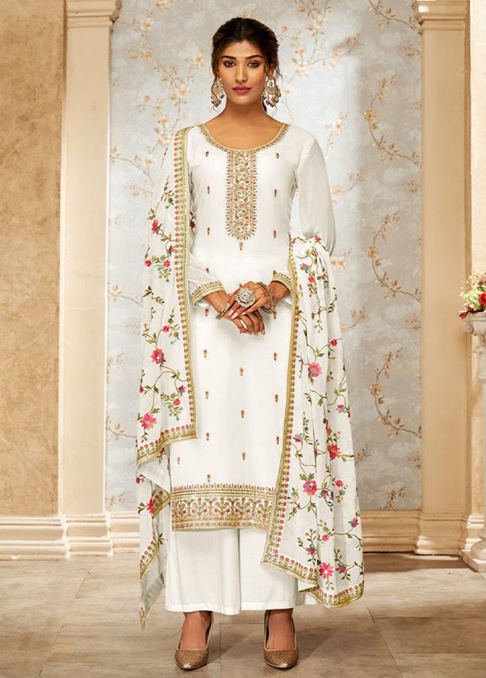 3 Pc White Semi Stitched Georgette Suit Set Buy Cheap Countdown Package