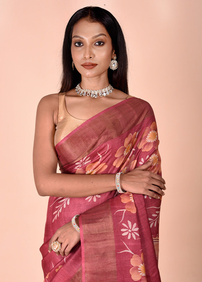 Pink Handloom Tussar Pure Silk Saree With Blouse Piece Deals