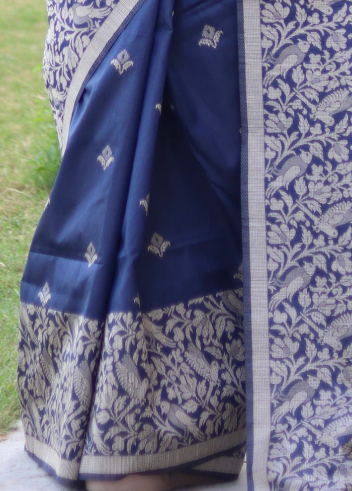 Navy Blue Spun Silk Saree With Blouse Piece Low Cost Online