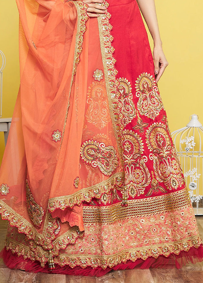 3 Pc Red Silk Semi Stitched Lehenga Set Free Shipping Browse