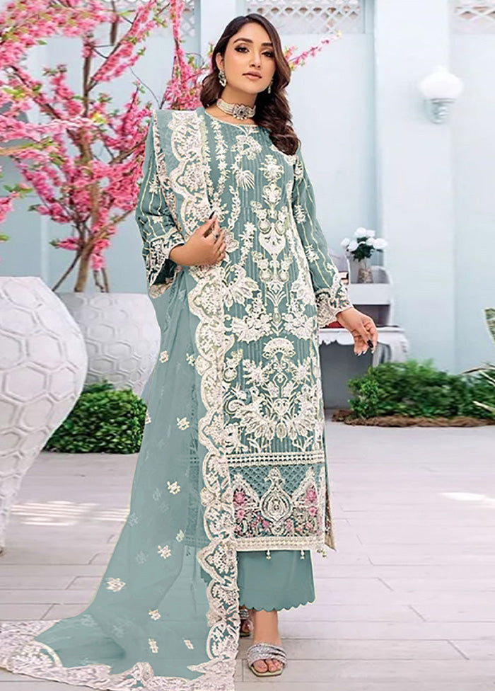 3 Pc Sky Blue Semi Stitched Georgette Suit Set Sale Cheapest