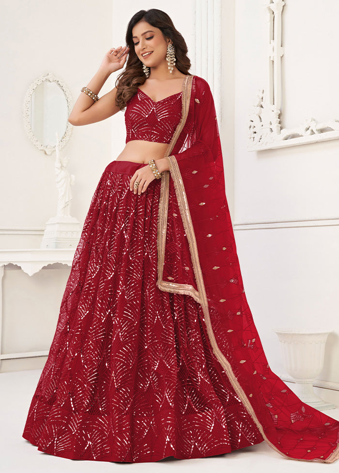 3 Pc Maroon Net Semi Stitched Lehenga Set Latest Collections Online