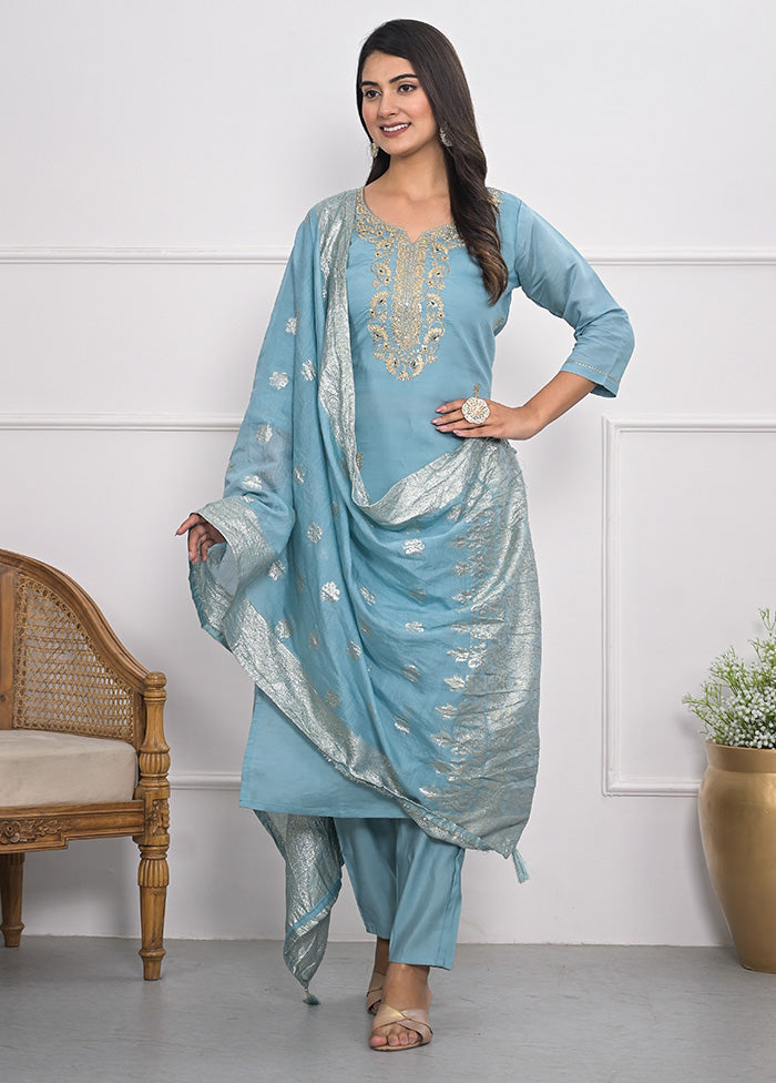 3 Pc Blue Readymade Viscose Suit Set Sale Best Wholesale