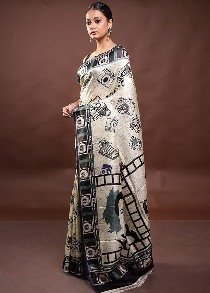 Cream Printed Pure Silk Saree Without Blouse Piece Cheap Sale Discounts