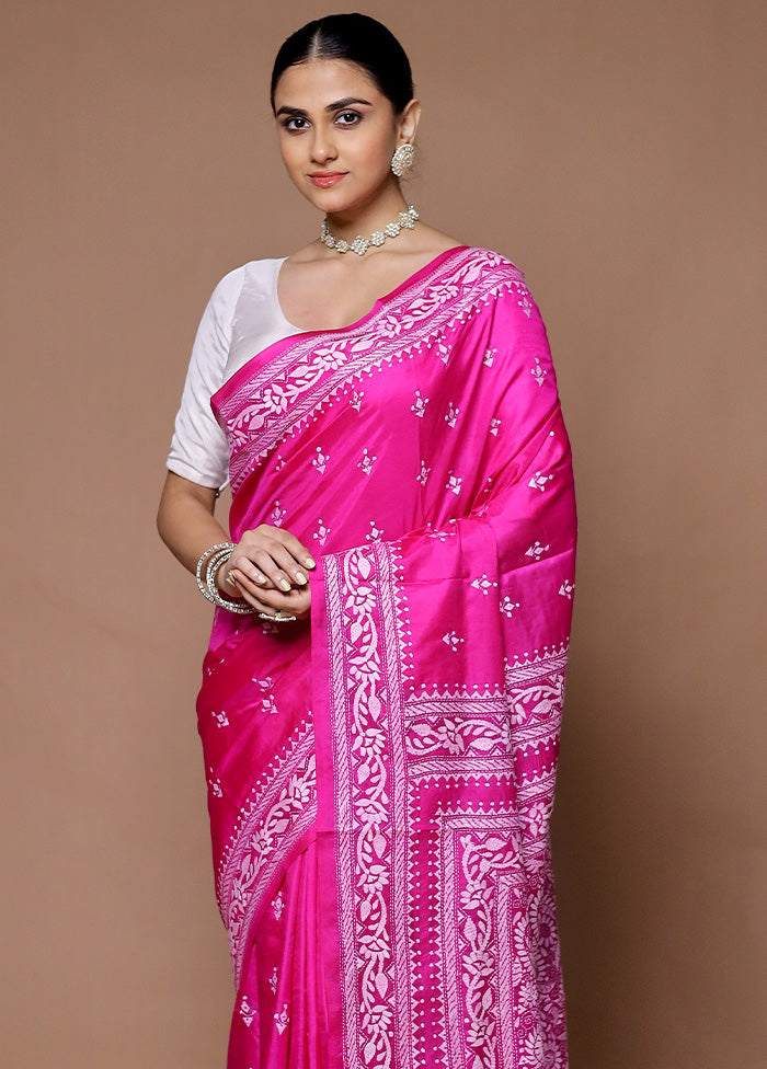 Pink Handloom Kantha Stitch Pure Silk Saree With Blouse Piece Quality Free Shipping Low Pice