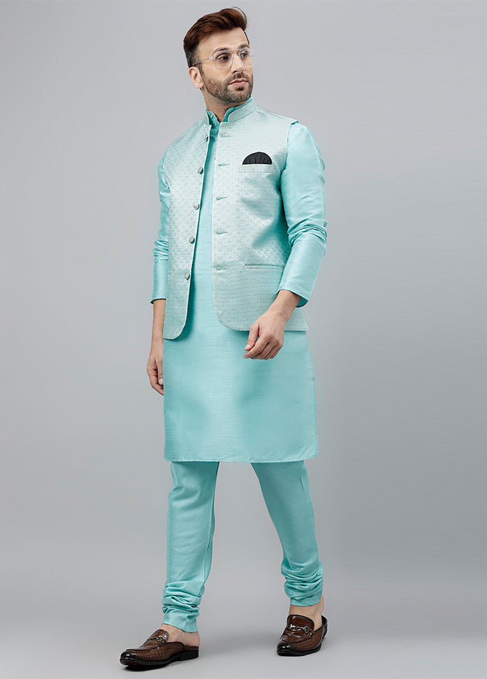 3 Pc Turquoise Dupion Silk Nehru Set 100% Guaranteed