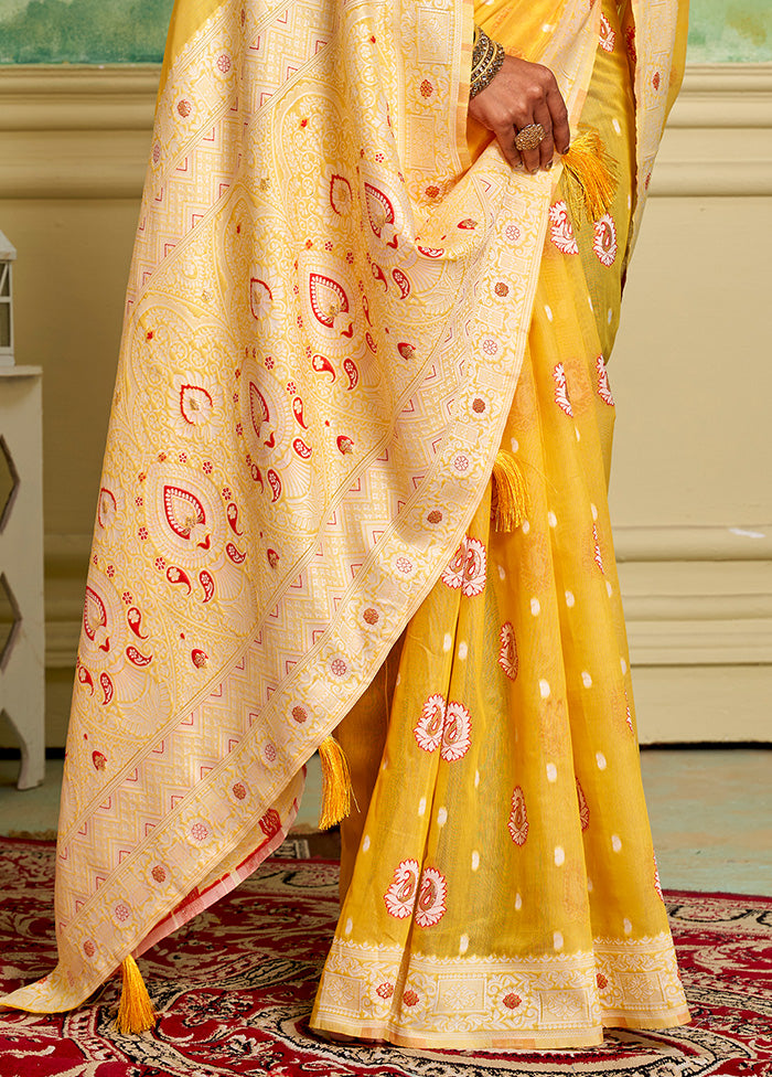 Yellow Cotton Saree With Blouse Piece Cheap Sale Shop For