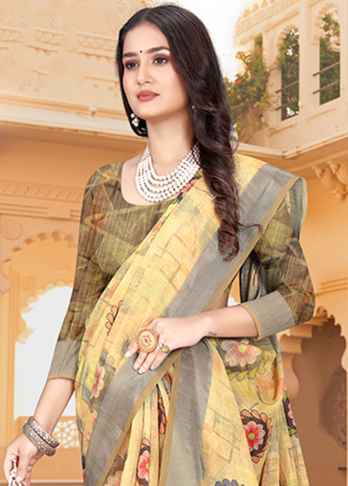 Yellow Linen Silk Saree With Blouse Piece Cheap The Cheapest