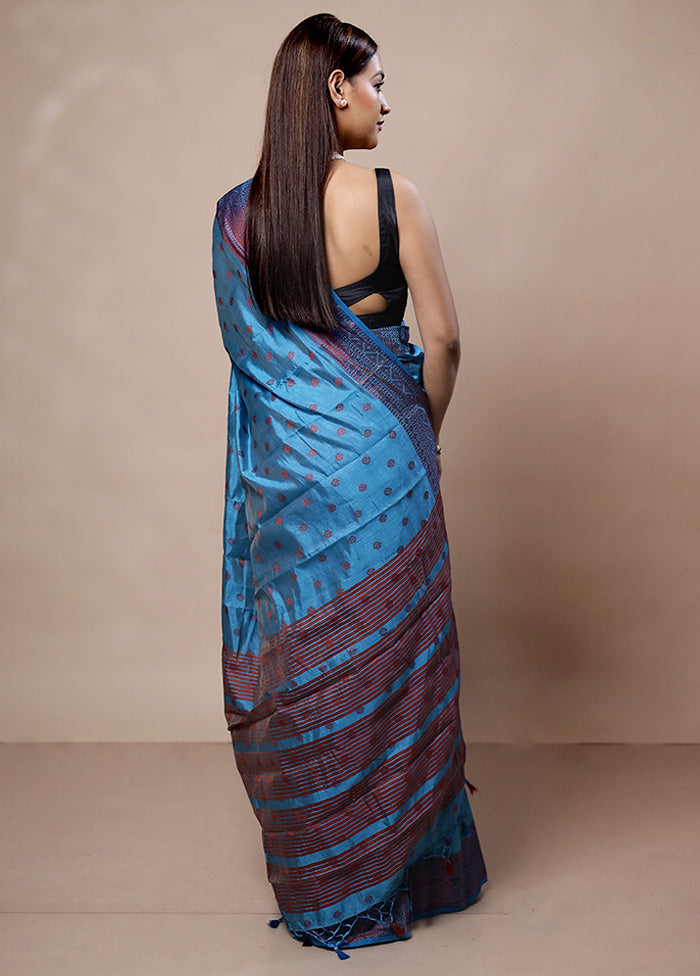 Blue Dupion Silk Saree With Blouse Piece Clearance Find Great