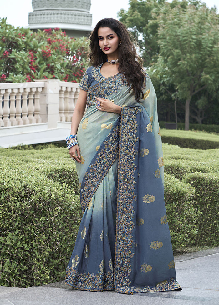 Blue Spun Silk Saree With Blouse Piece Visit New