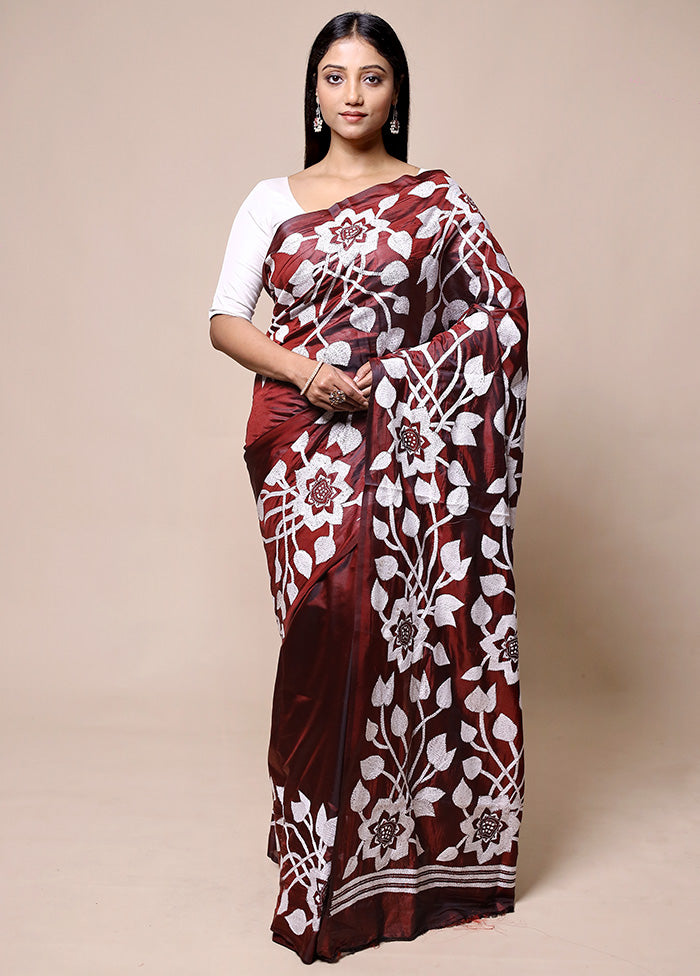 Brown Kantha Stitch Silk Saree With Blouse Piece Huge Surprise For Sale