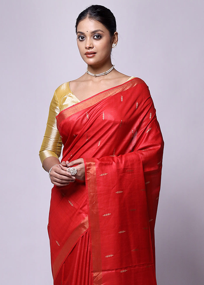 Red Handloom Tussar Pure Silk Saree With Blouse Piece For Nice Online