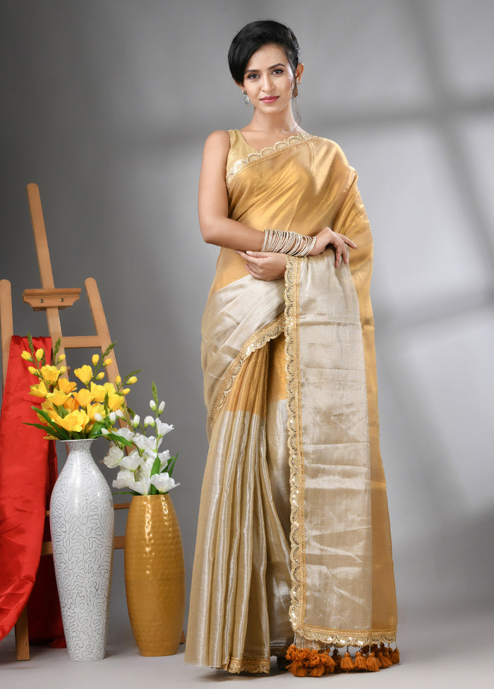 Golden Spun Silk Saree With Blouse Piece Low Cost Sale Online