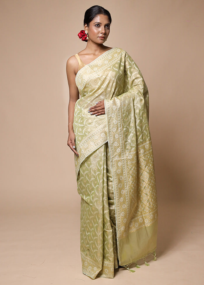 Green Tissue Silk Saree With Blouse Piece Outlet New Styles