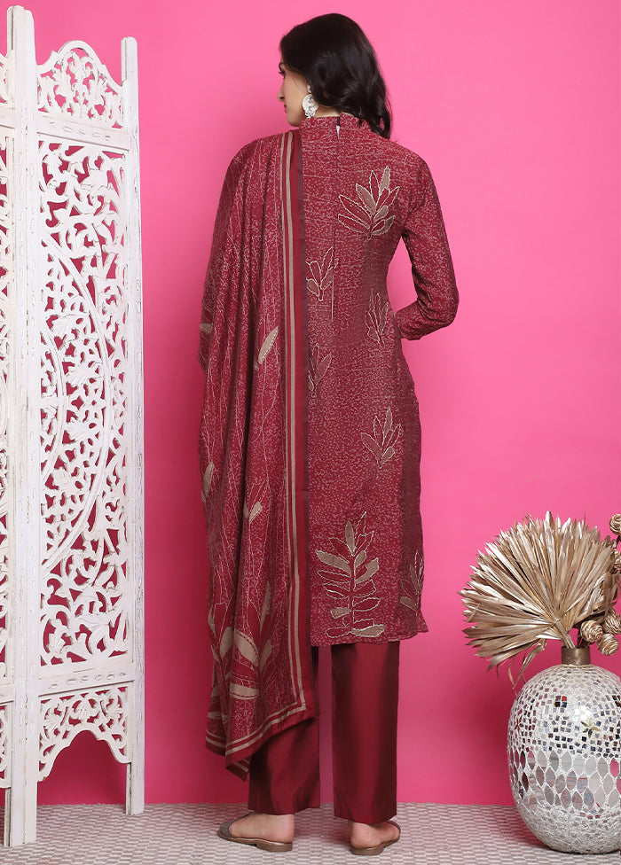 3 Pc Maroon Unstitched Silk Suit Set Cheap Sale Amazing Pice