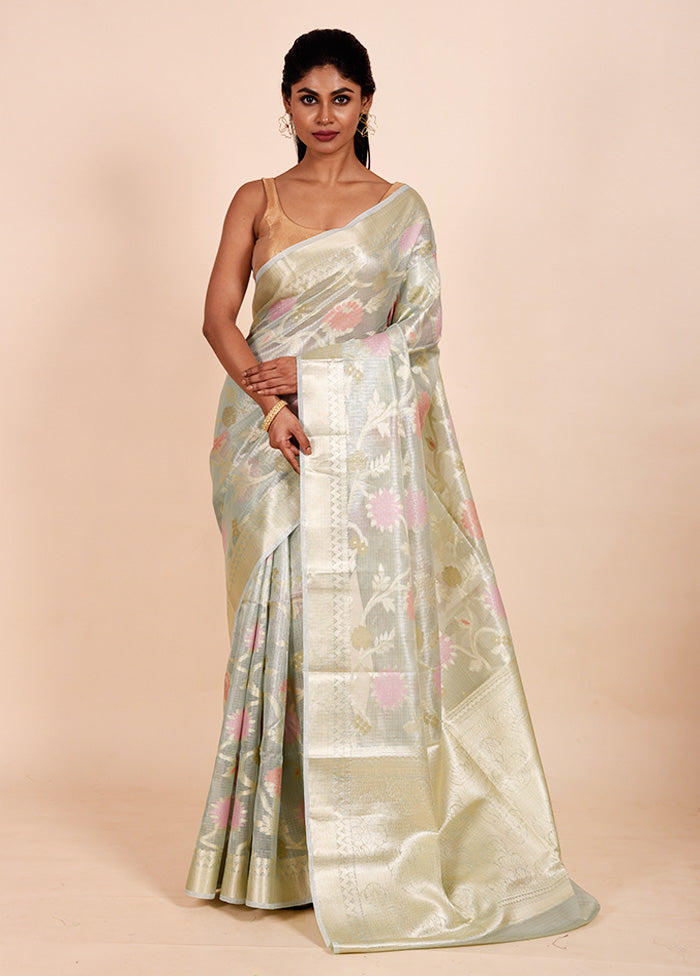 Green Tissue Silk Saree With Blouse Piece Brand New Unisex