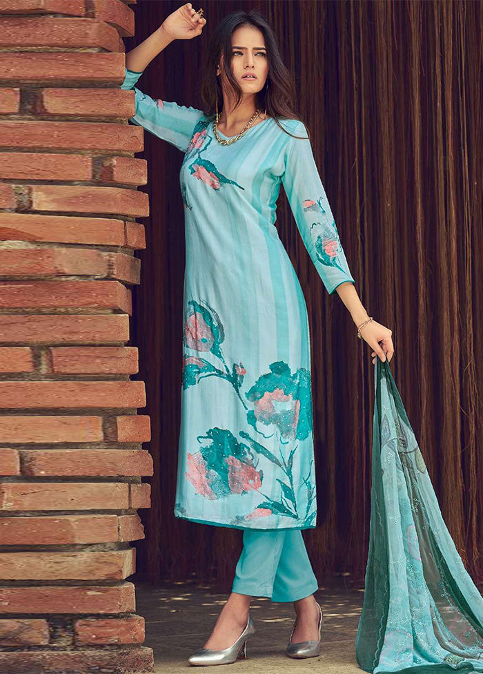 3 Pc Sky Blue Semi Stitched Silk Dupatta Suit Set For Nice Online