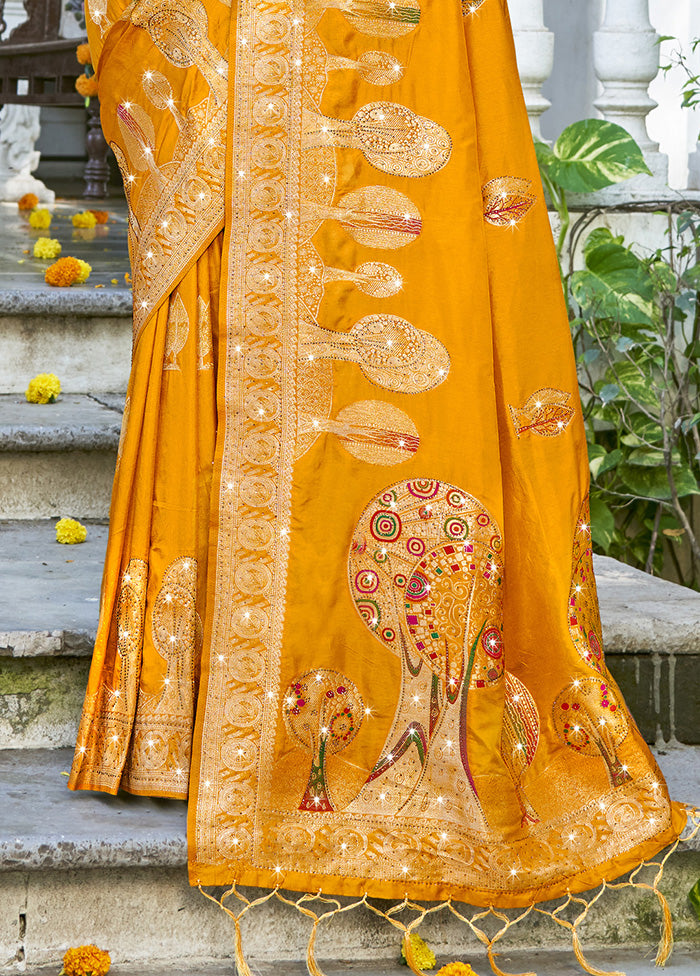 Yellow Spun Silk Saree With Blouse Piece Cheap Pice Store